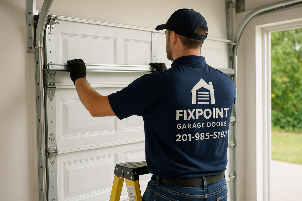 Garage door repair technician fixing broken spring in Newark NJ – Fix Point Garage Doors